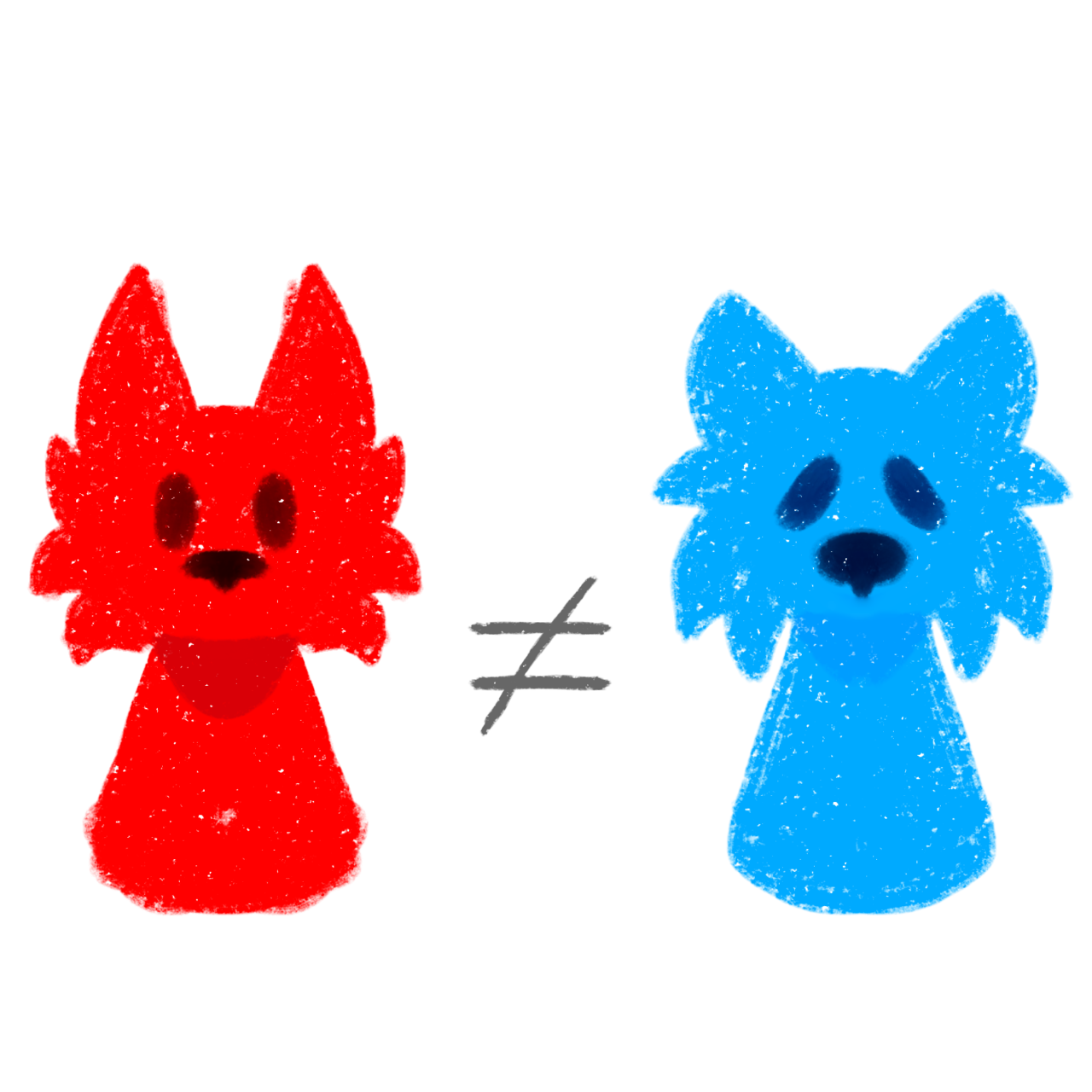  there is a figure on the left thats red, with pointed ears and round eyes, giving it an alert, lively expression. The figure on the right is blue, with a bear shape with drooping features, including, downturned eyes and a slightly sad expression. Both figures are made up of solid colors with a slight speckled texture with a ≠ sign in-between.